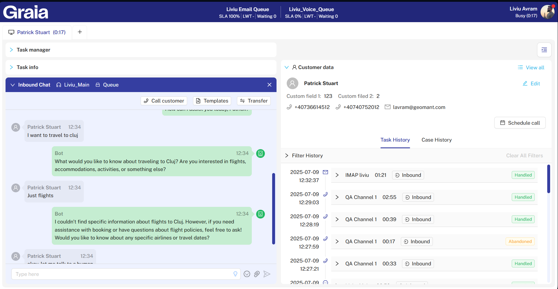 Graia conversational agent handling a customer chat with live task info, customer data and interaction history