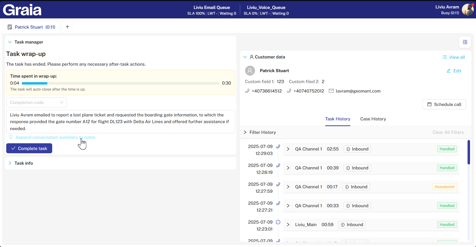 Graia Agent Assist generating an AI summary during task wrap-up with customer data and interaction history