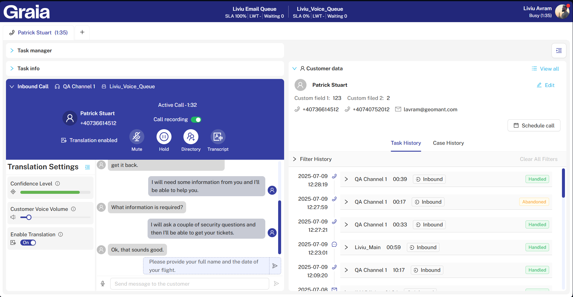 Live Call Translation · Agent workspace